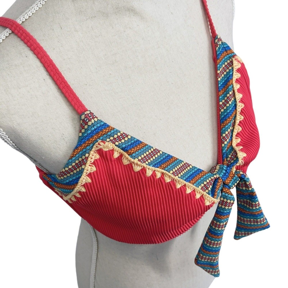 Swimsuits For All Mentor Tie Front Ribbed Bikini Top Coral Red Aztec Womens 12 - Picture 4 of 7